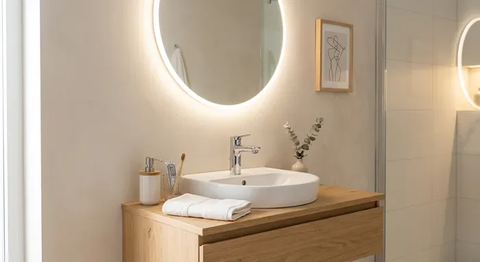 Petit meuble vasque bois et miroir rond pour WC moderne