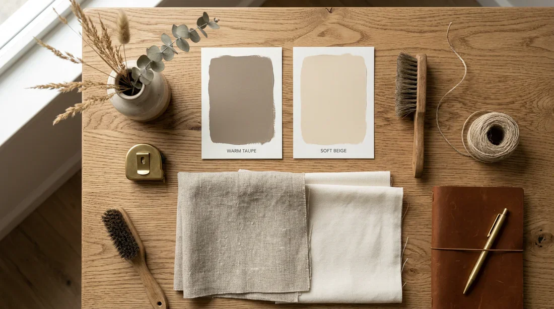 Nuancier de couleurs taupe et beige avec échantillons de tissus naturels