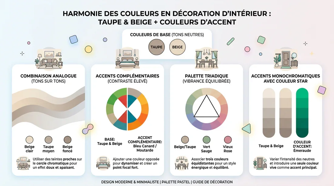 Schéma infographique montrant les règles d'association des couleurs taupe et beige