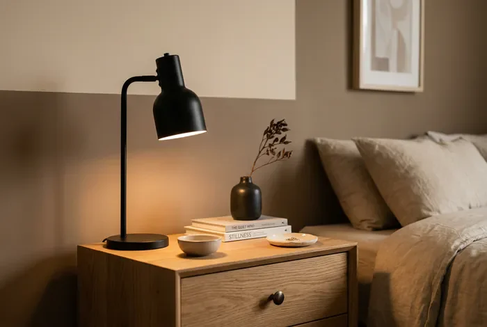 Table de chevet en bois clair et lampe noire mat sur mur bicolore taupe et beige