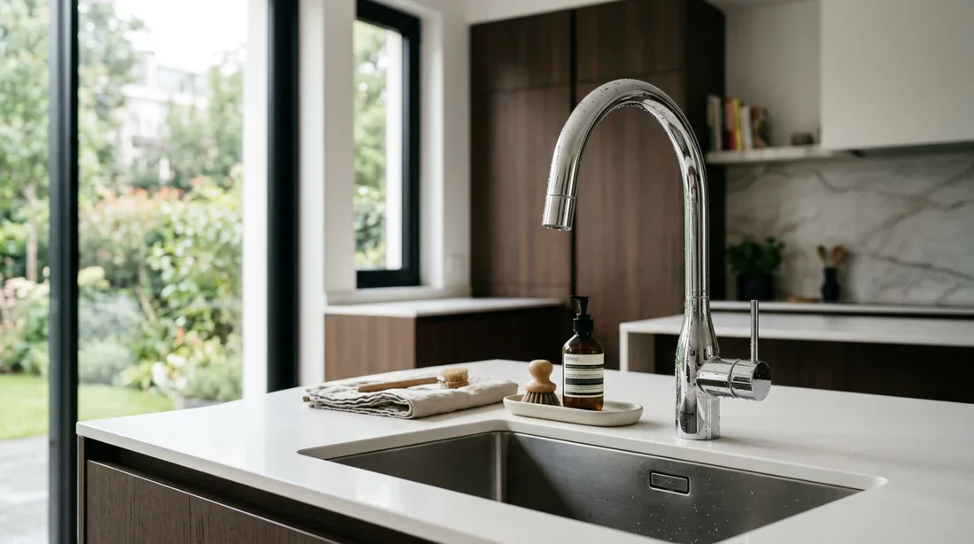 Un robinet col de cygne Grohe haut de gamme dans une cuisine moderne et lumineuse