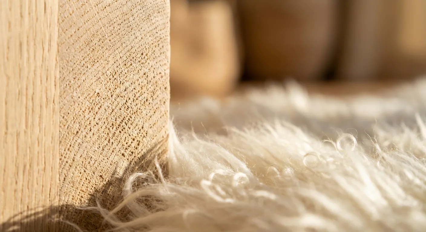 Détail des textures bois naturel et laine blanche pour un intérieur chaleureux