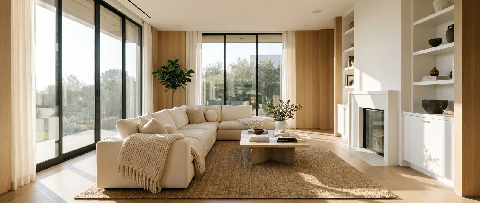 Salon luxueux et cocooning alliant bois clair et blanc avec un canapé confortable et une lumière naturelle douce