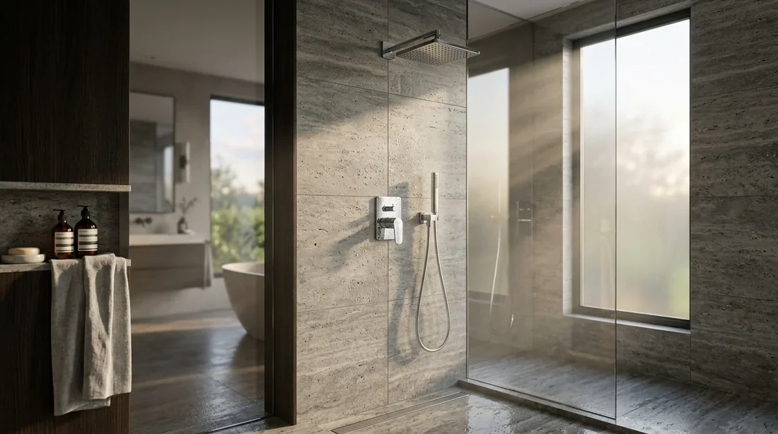 Vue panoramique d'une salle de bain moderne avec un mitigeur de douche chromé élégant