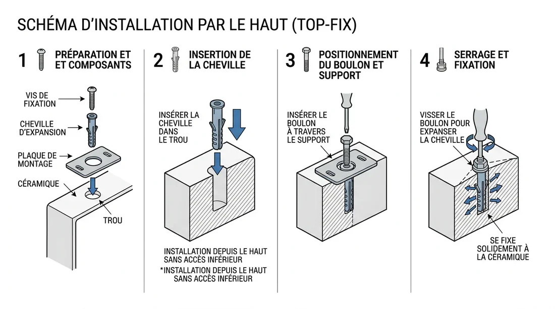 Illustration des étapes de fixation par le haut d'un abattant WC