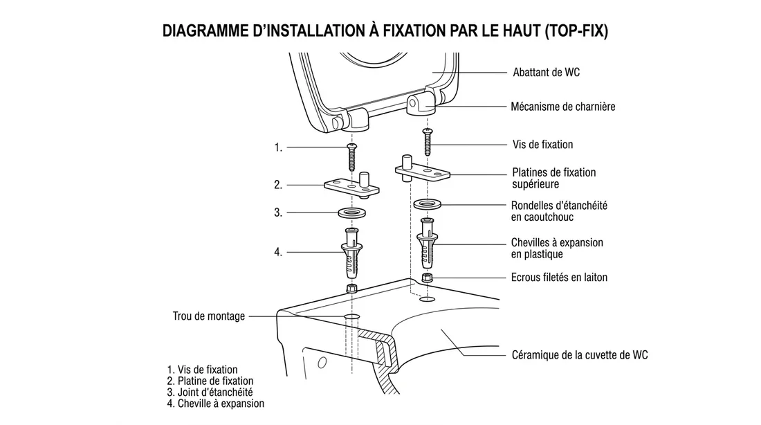 Schéma éclaté du mécanisme de fixation Top-Fix pour abattant WC