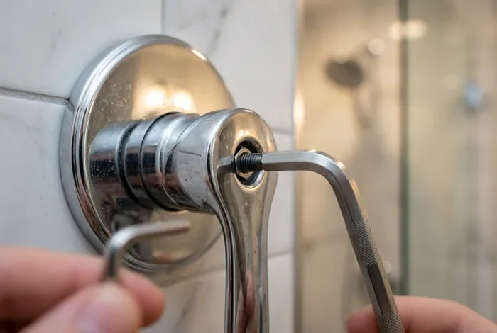 Gros plan sur une clé Allen utilisée pour démonter une poignée de mitigeur