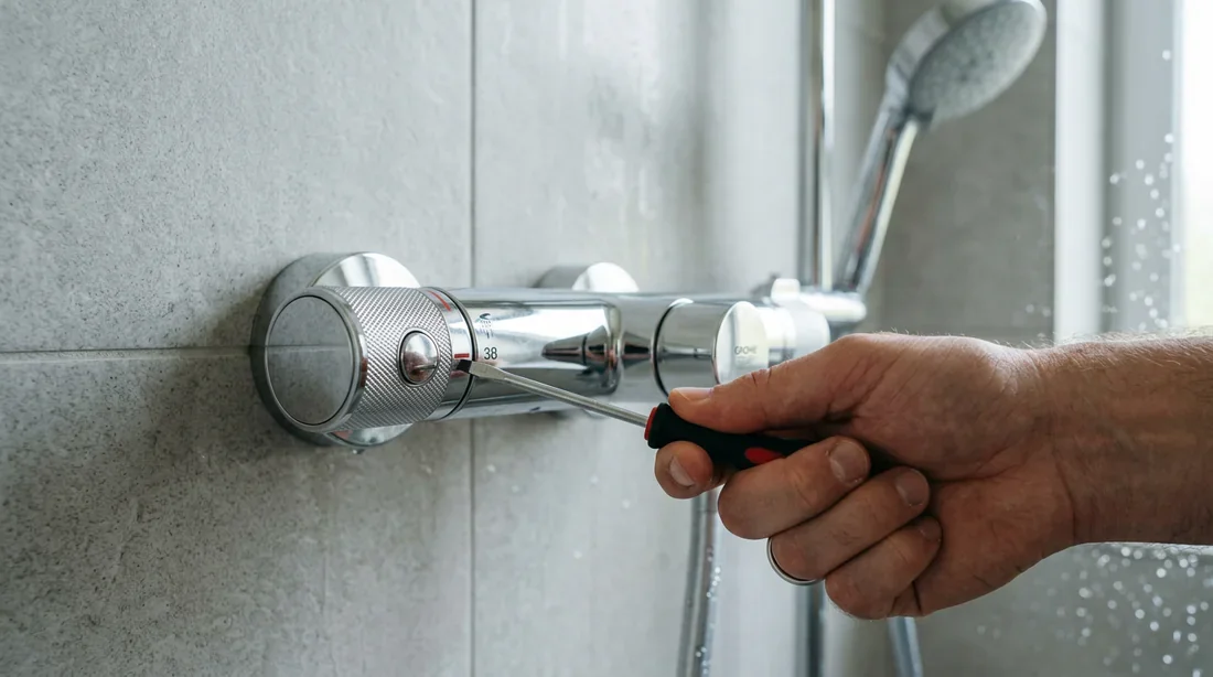 Main avec un tournevis réglant le bouton de sécurité d'un mitigeur thermostatique Grohe