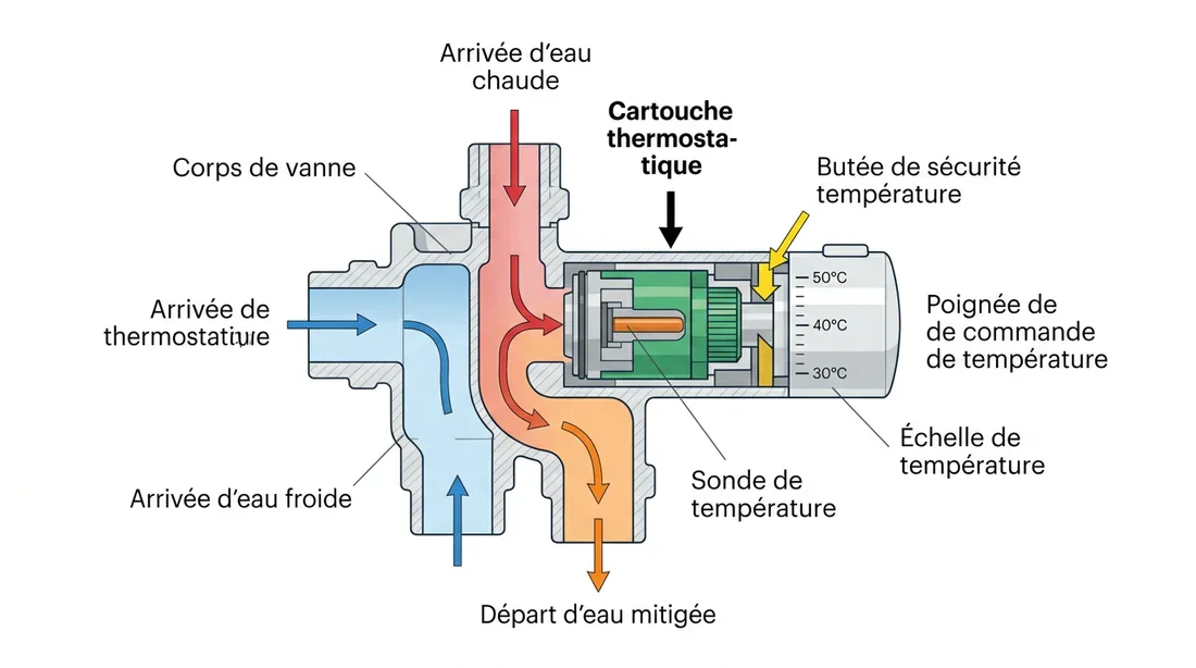 Schéma technique des composants internes d'un mitigeur thermostatique