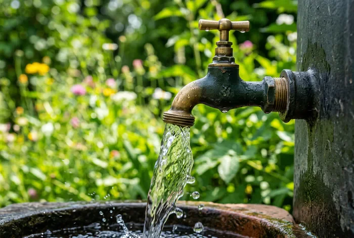 Distance voisin récupérateur eau : Guide 2026 - Récupérateur eau de pluie : 7 règles pour éviter les litiges - Quelle distance pour votre récupérateur d’eau de pluie ? Détail d'un robinet de cuve à eau de pluie avec eau claire