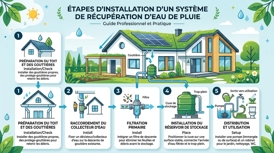Installation d'un récupérateur d'eau Schéma explicatif de l'installation d'une cuve de récupération d'eau