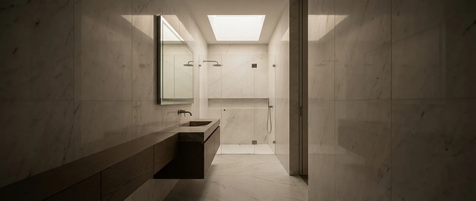 Design d'une salle de bain étroite et élégante Aménagement luxueux d'une petite salle de bain étroite en longueur avec marbre et bois