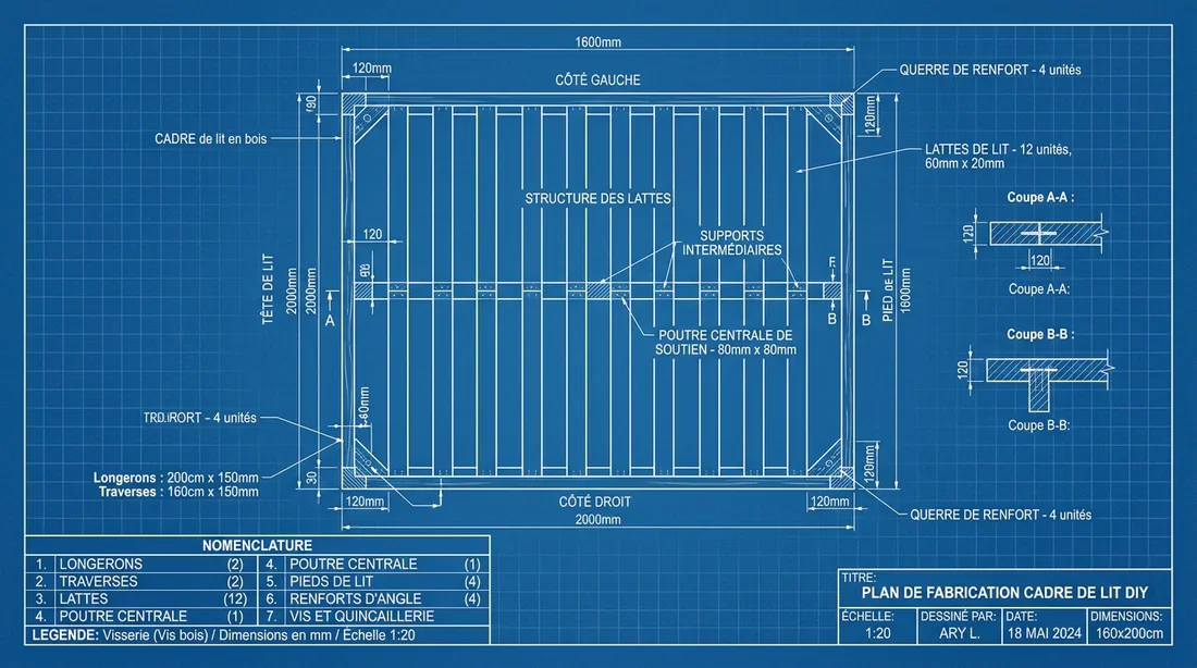Schéma structure sommier Plan technique de fabrication d'un cadre de lit
