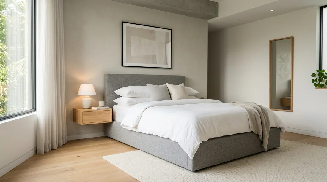 Sommier tapissier fait maison moderne Sommier tapissier en tissu gris chiné dans une chambre moderne