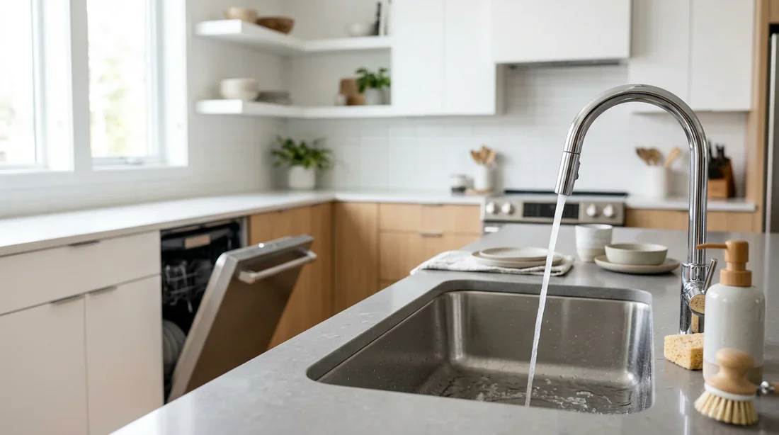 Cuisine moderne avec évier en inox et lave-vaisselle encastré