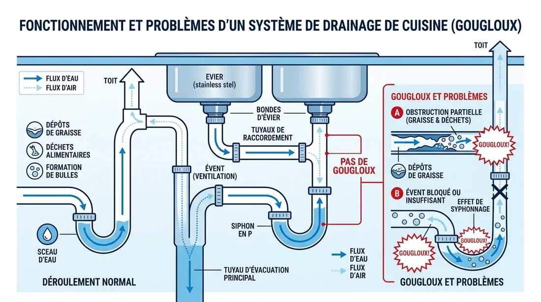Schéma technique expliquant les causes du bruit dans les canalisations