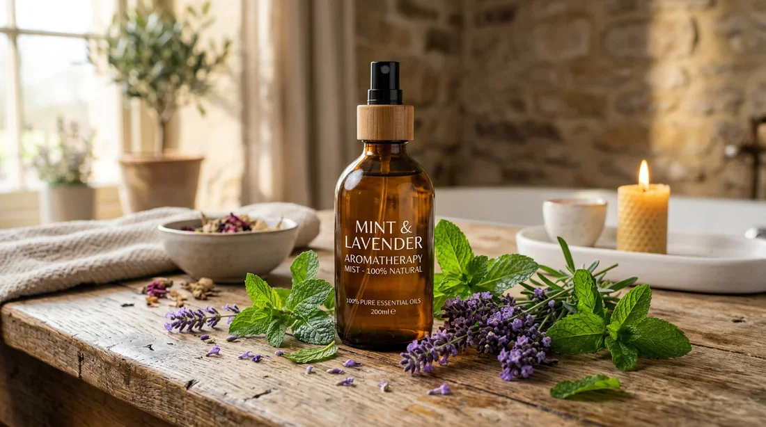 Vaporisateur en verre ambré avec menthe et lavande pour traitement naturel