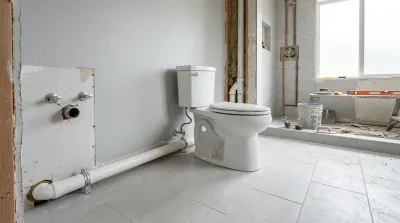 Installation d'un WC avec une longue canalisation d'évacuation apparente le long d'un mur en rénovation.