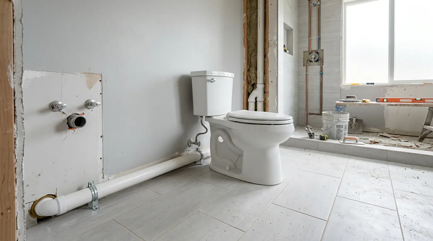 Installation d'un WC avec une longue canalisation d'évacuation apparente le long d'un mur en rénovation.