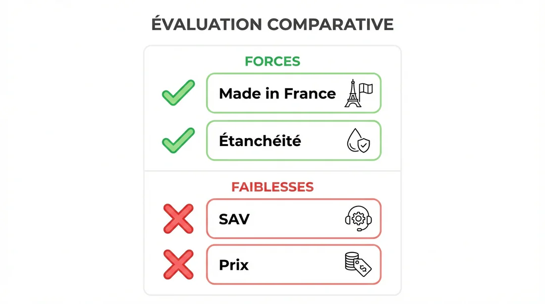 Infographie récapitulative des points forts et points faibles des produits Kinedo.