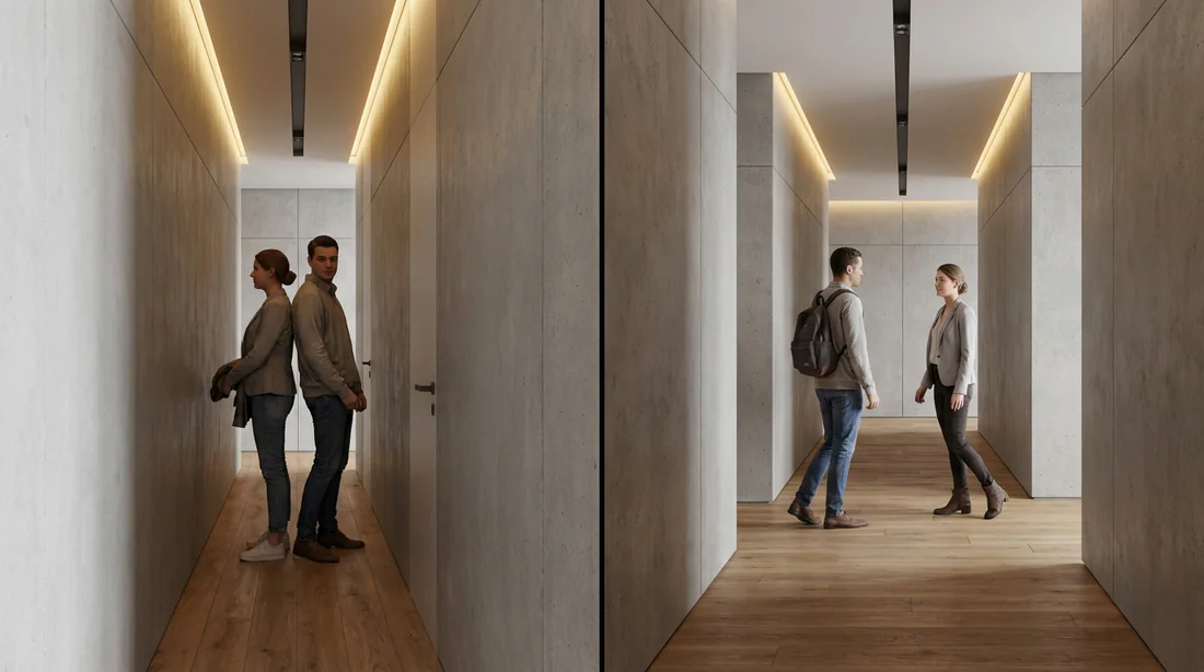 Confort de circulation : l'avantage d'un couloir large Comparatif visuel entre un couloir de 90 cm encombré et un couloir de 120 cm fluide.