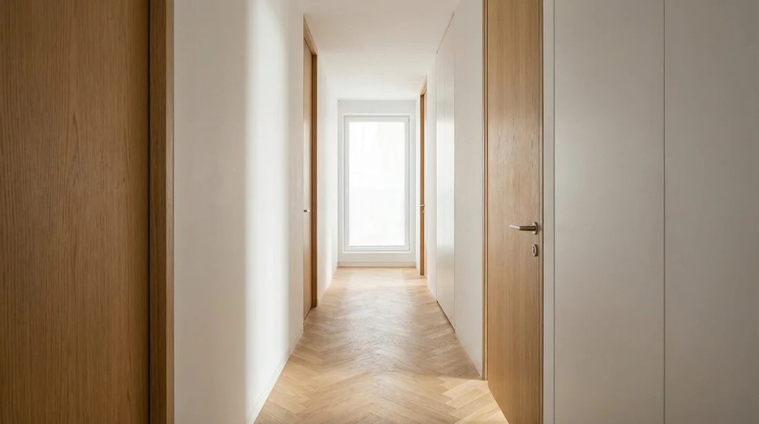 Largeur idéale d'un couloir moderne pour une circulation fluide Couloir moderne lumineux de 1,20 mètre de large avec parquet clair et murs blancs épurés.