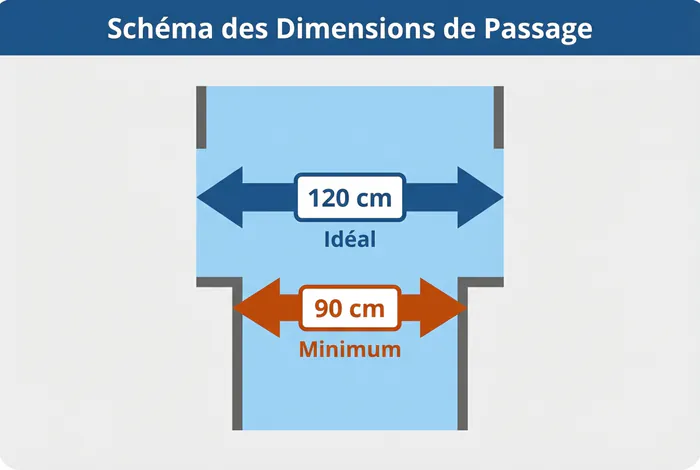 Infographie comparative des largeurs de couloir : 90 cm minimum vs 120 cm idéal.