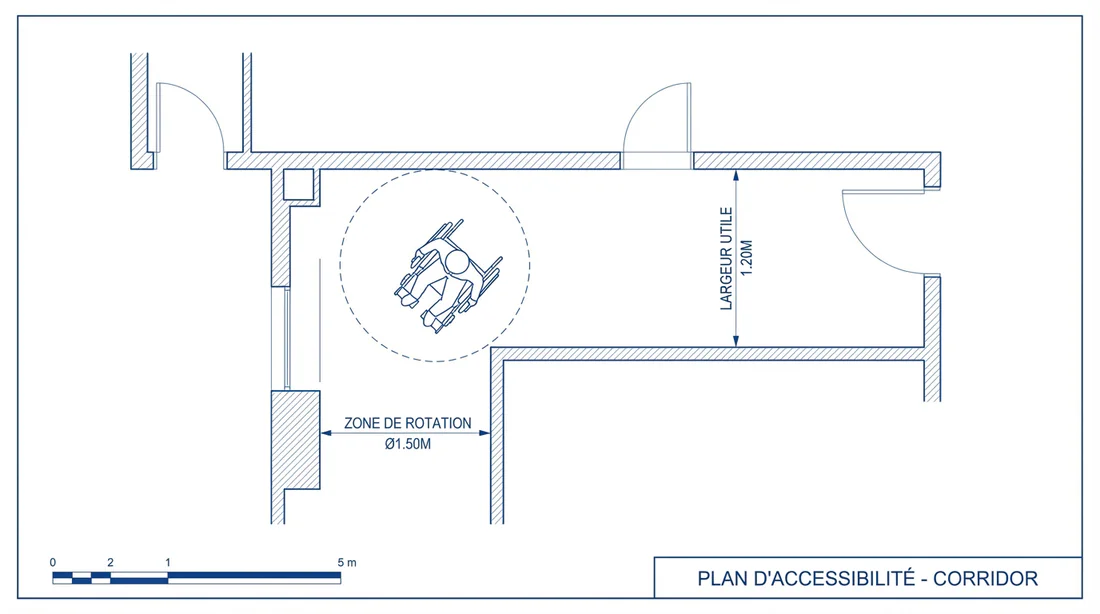 Normes d'accessibilité et largeur de passage PMR Schéma technique des normes PMR avec zone de rotation de 1,50m dans un couloir.