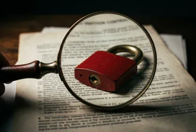 Loupe examinant un contrat immobilier sécurisé par un cadenas