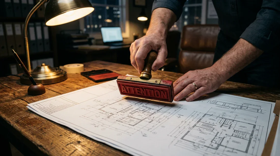 Analyse et pièges des contrats de construction Main tenant un tampon rouge d'attention sur des plans d'architecte