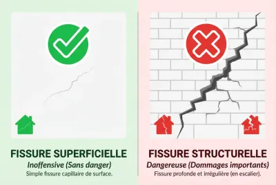 Comparaison visuelle de fissures de maison : fissures superficielles vs fissures structurelles