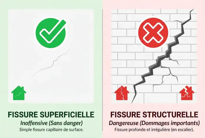 Maison avec fissure : acheter ou pas ? - Acheter avec fissure : 3 étapes pour décider - Fissures sur une maison : le guide pour décider sans risque Comparaison visuelle de fissures de maison : fissures superficielles vs fissures structurelles
