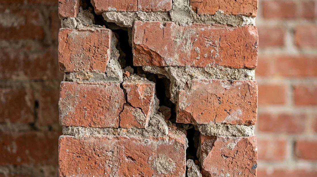 Détail d'une fissure structurelle de maison Gros plan sur une fissure structurelle profonde dans un mur en briques