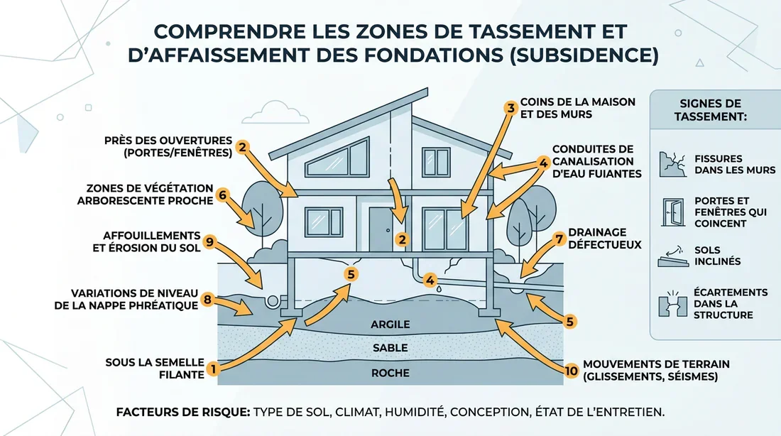 Causes des fissures de maison Schéma explicatif des causes de fissures de maison et affaissement de fondations