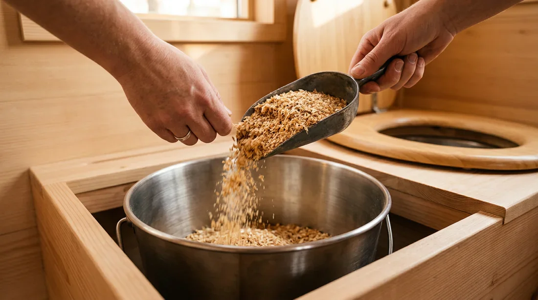 Ajout de sciure de bois dans le récipient d'une toilette sèche