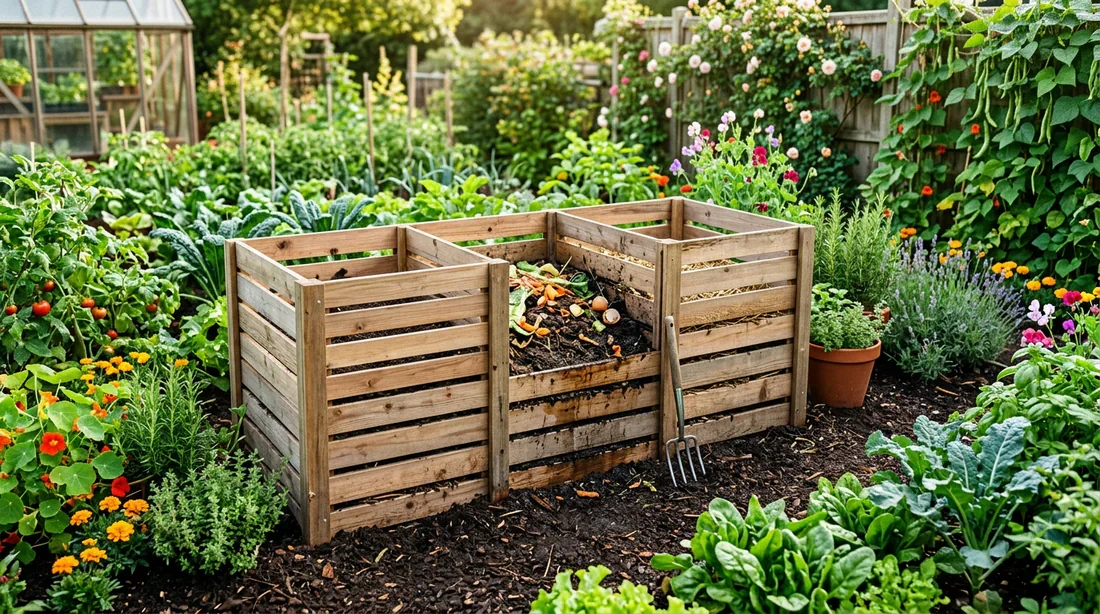 Bac à compost en bois dans un jardin pour le recyclage organique