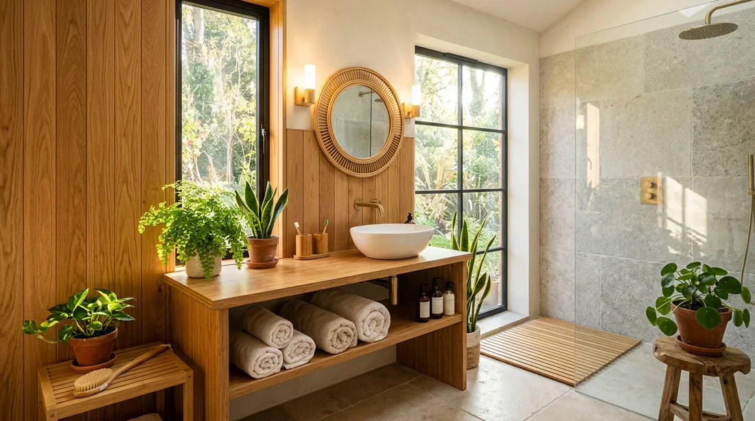 Intérieur de salle de bain écologique aux matériaux naturels