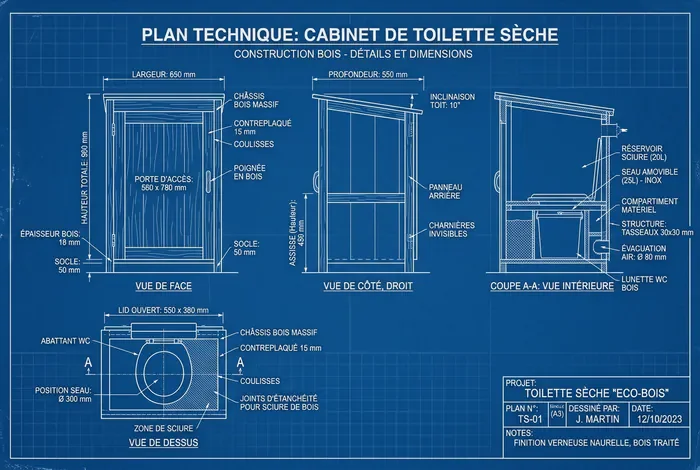 Plan d'architecte type blueprint des dimensions d'un caisson de toilette sèche