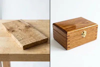 Comparaison avant après d'une boîte en bois brute et vernie