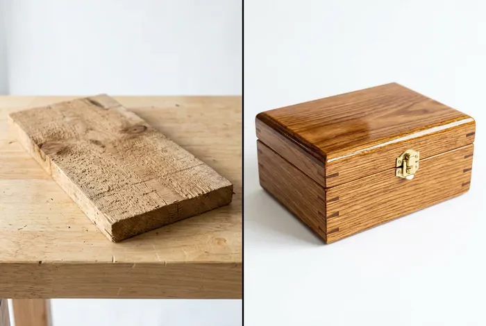 Comparaison avant après d'une boîte en bois brute et vernie