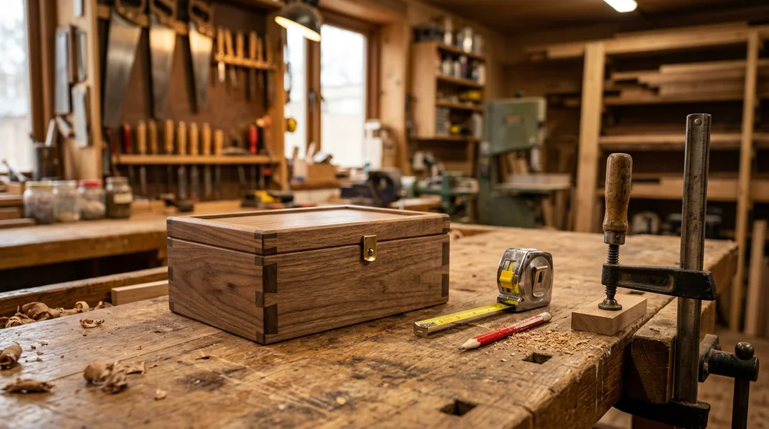 Établi de menuisier avec une boîte en bois artisanale et outils