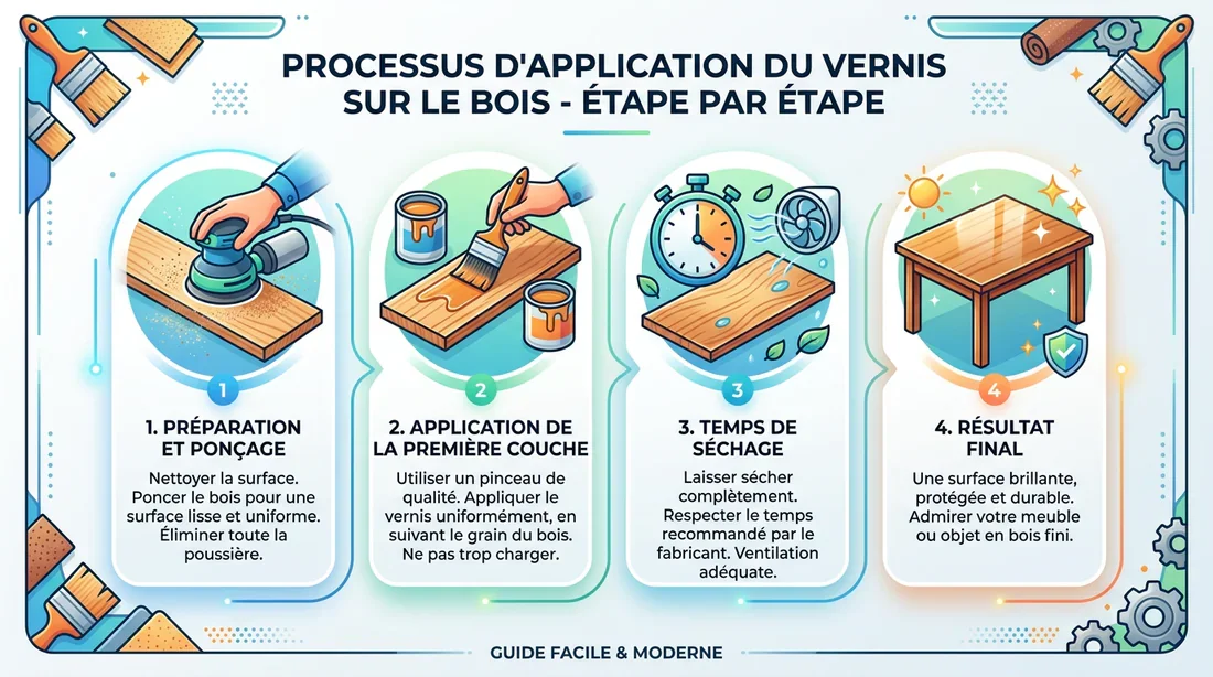 Infographie des étapes de vernissage d'une boîte en bois