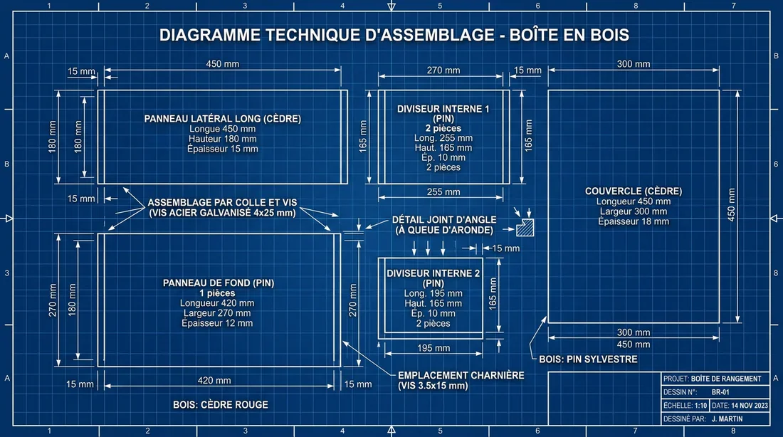 Plan technique des pièces pour assembler une boîte en bois