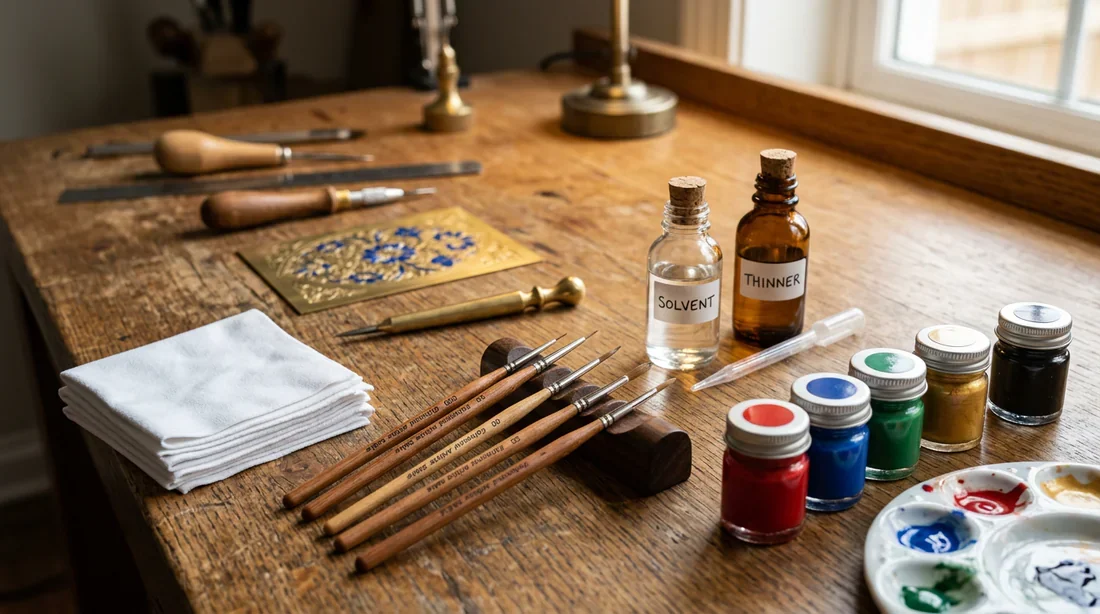 Outils et peintures pour peindre les sillons d'une gravure