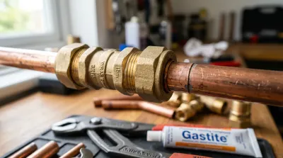 Gros plan d'un raccord bicône en laiton installé sur une tuyauterie en cuivre dans une maison.