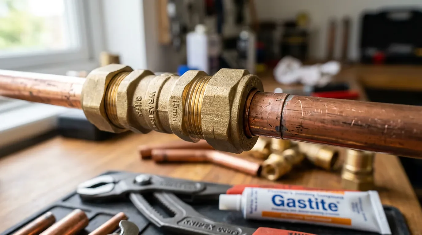 Gros plan d'un raccord bicône en laiton installé sur une tuyauterie en cuivre dans une maison.