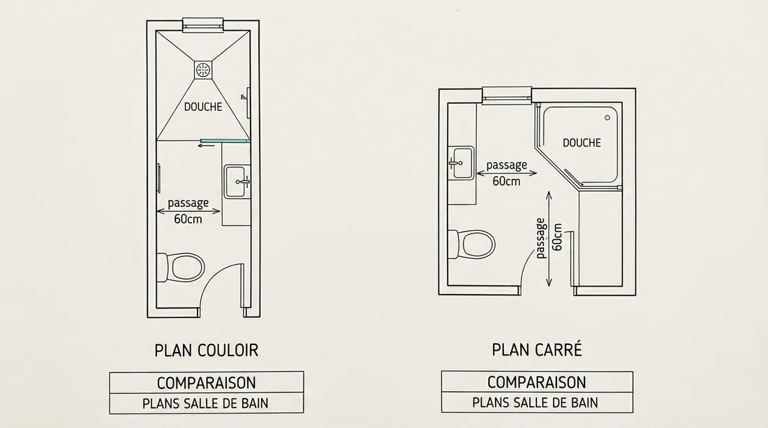 Comparatif de plans de salle de bain : configuration en couloir vs configuration carrée