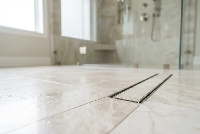 Gros plan sur la continuité du carrelage d'une douche à l'italienne sans seuil