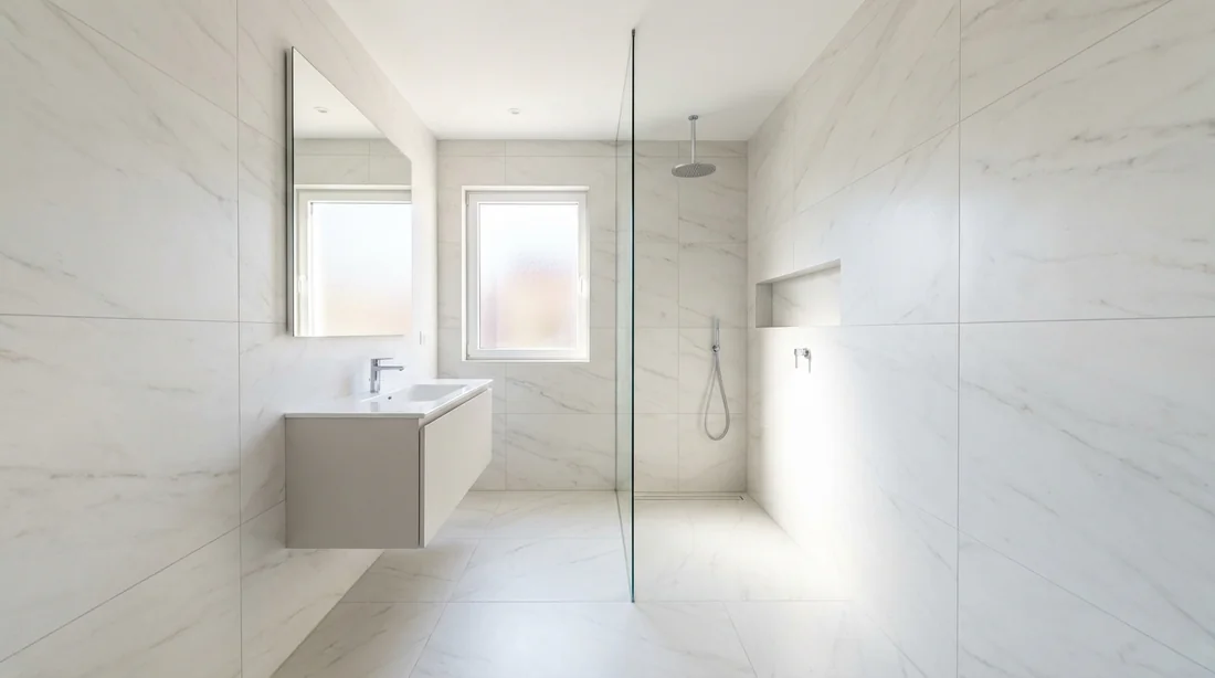 Petite salle de bain lumineuse de 4m² avec douche à l'italienne et carrelage effet marbre blanc