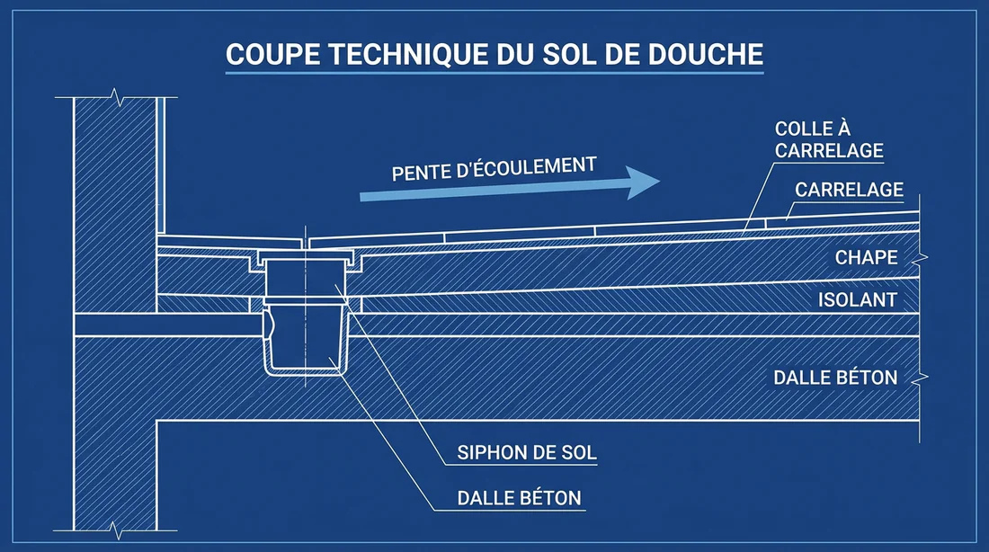 Schéma technique en coupe d'un sol de douche italienne : chape, évacuation et pente